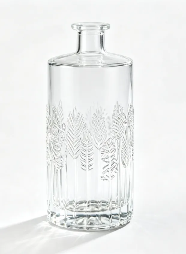 Embossed whiskey bottle 750ml with clear glass, leaf embossed texture, and premium crystal base.