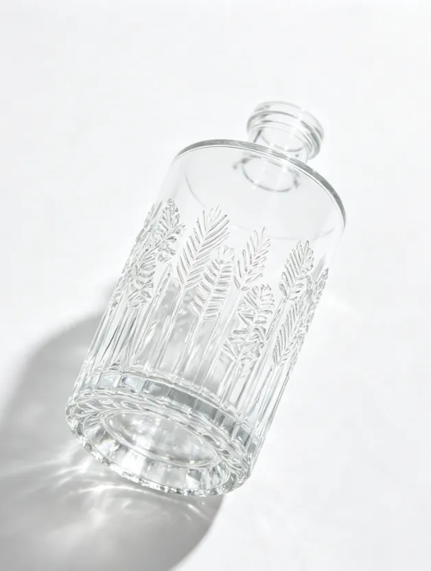 Embossed whiskey bottle 750ml with clear glass, leaf embossed texture, and premium crystal base.