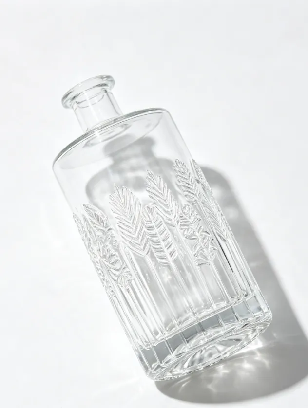 Embossed whiskey bottle 750ml with clear glass, leaf embossed texture, and premium crystal base.