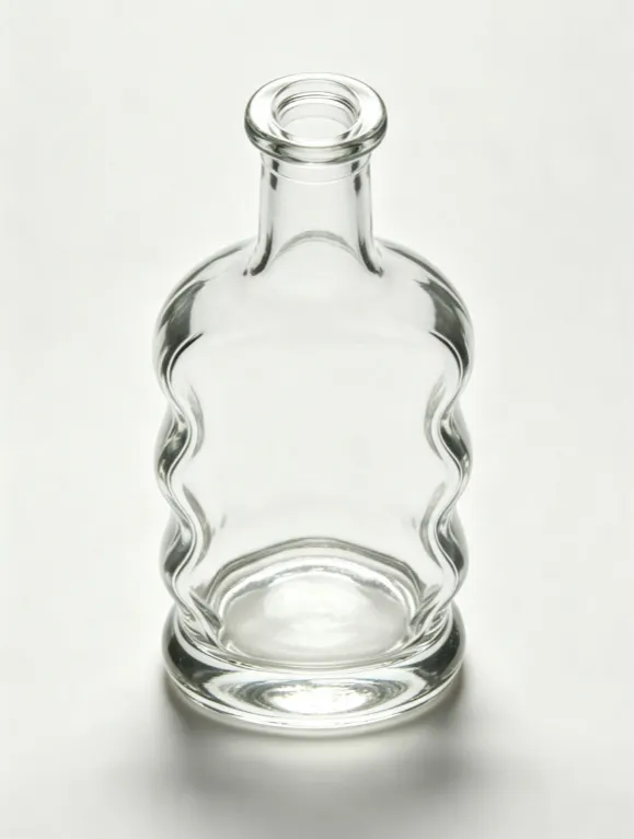 Side angle of 700ml wavy contour whiskey bottle, plain clear glass without decoration