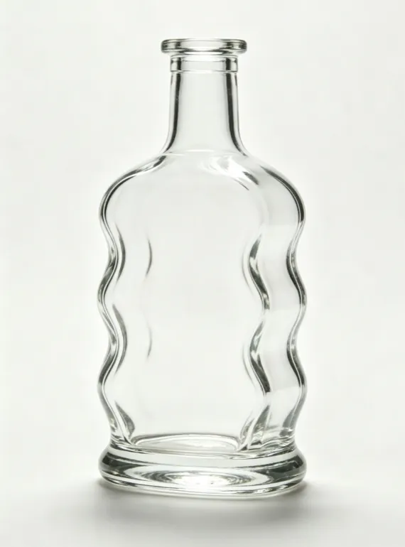 Profile shot 700ml unique wavy whiskey glass bottle, thick base empty liquor bottle