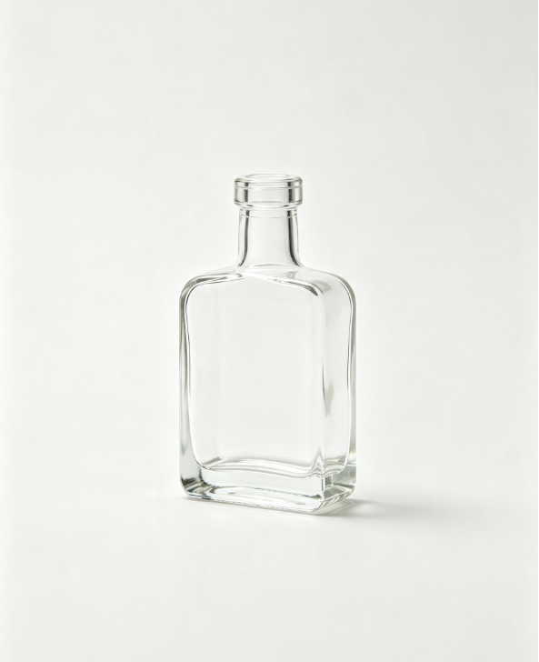 200ml flat rounded rectangular clear glass brandy bottle short neck thick concave base empty liquor spirit bottle