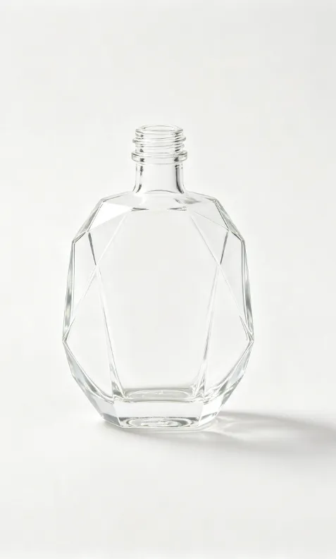 Our 500ml multi-sided diamond cut short empty brandy glass bottle with threaded neck is crafted from premium high-white flint glass. Unique low-profile diamond facet design brings luxurious visual appeal for brandy and craft spirit packaging.