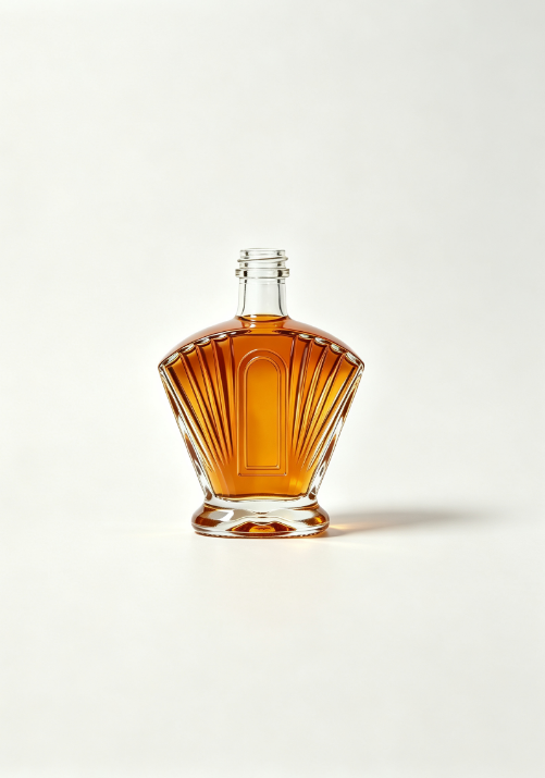 200ml Folding Fan Shaped Empty Rum Glass Bottle With Threaded Neck, high white flint clear glass, no cap, commercial studio shot on pure white background
