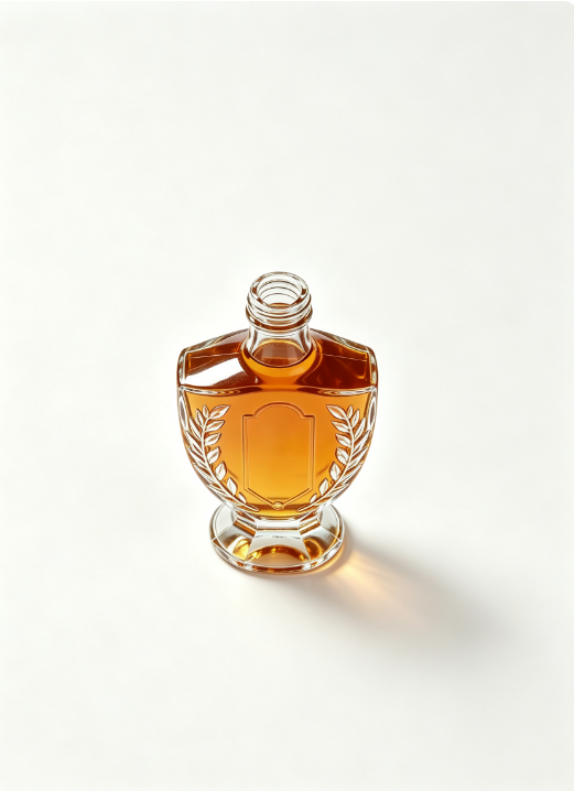 200ml Laurel Wreath Shield Empty Rum Glass Bottle With Threaded Neck, high white flint glass, shield‑shaped body, embossed laurel leaf wreath decoration, vertical gold‑plaque concave label panel, thick faceted pedestal base for premium rum liquor packaging.