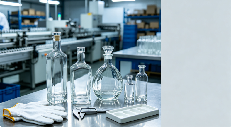 Export-ready spirits glass bottles on factory inspection table, high white glass for brandy, whisky, rum and craft spirits