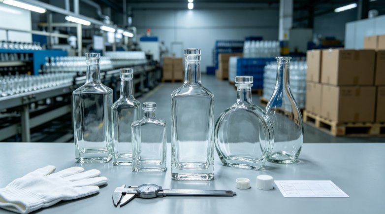 Export-ready 750ml spirits glass bottles on factory inspection table, high white glass for brandy, whisky, rum and tequila
