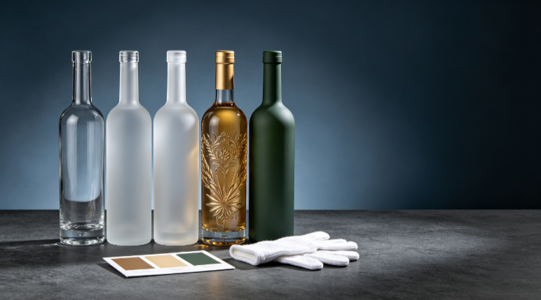 Frosted, embossed, hot-stamped and colour-sprayed spirits glass bottles, premium liquor packaging industry news photo