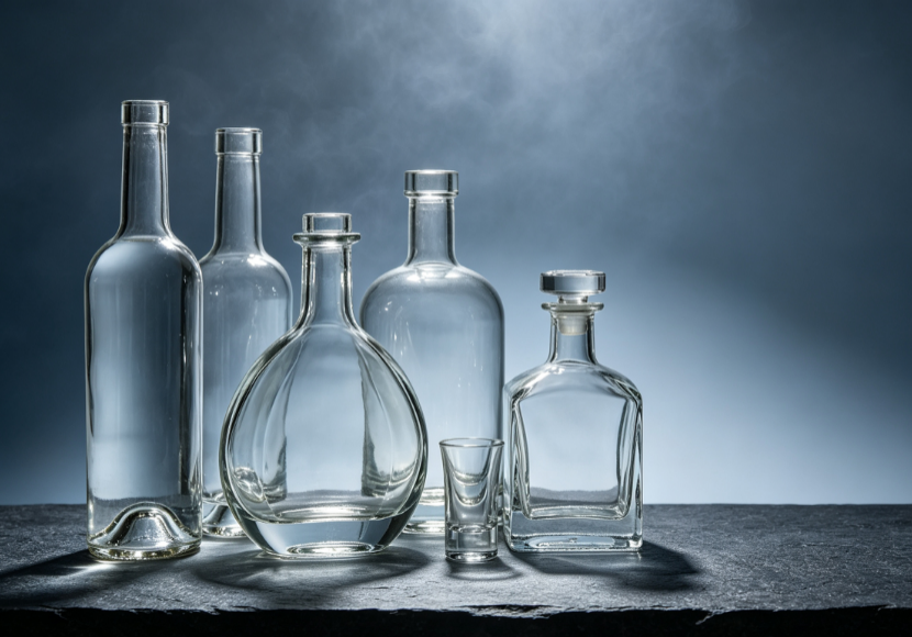 Premium spirits glass bottles for whisky, brandy, tequila and craft spirits on dark editorial background
