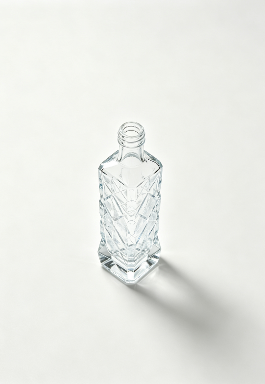 200ml ice crack crystal empty rum glass bottle with threaded neck, high white flint clear glass, no cap, commercial studio photo on pure white background