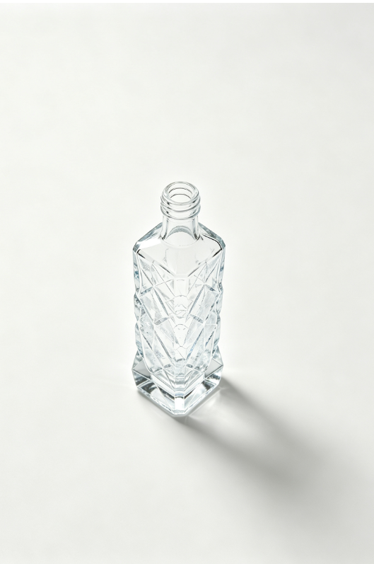 200ml ice crack crystal empty rum glass bottle with threaded neck, high white flint clear glass, no cap, commercial studio photo on pure white background