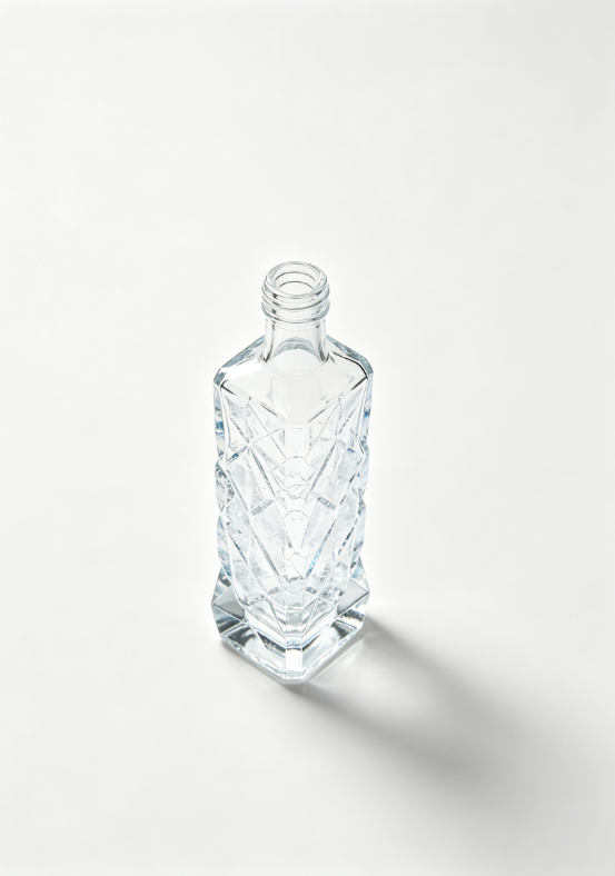 200ml ice crack crystal empty rum glass bottle with threaded neck, high white flint clear glass, no cap, commercial studio photo on pure white background