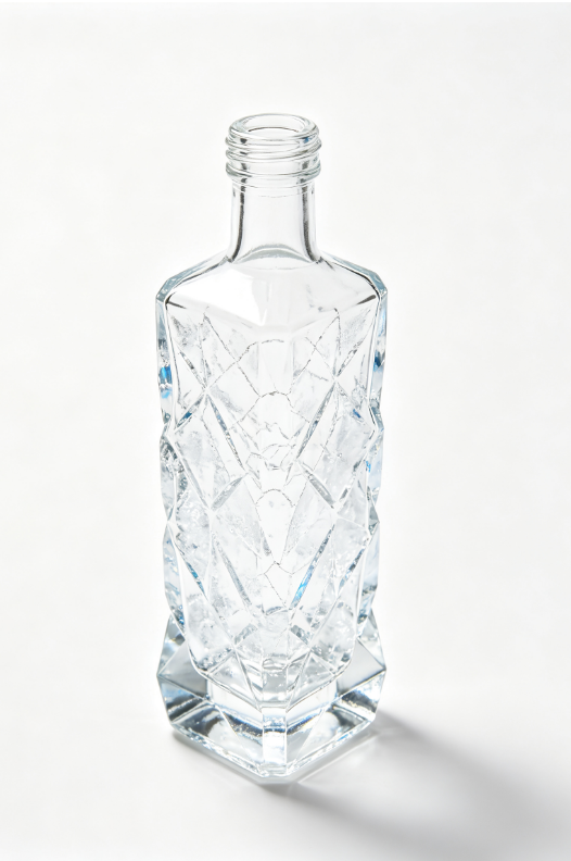 200ml ice crack crystal empty rum glass bottle with threaded neck, high white flint clear glass, no cap, commercial studio photo on pure white background