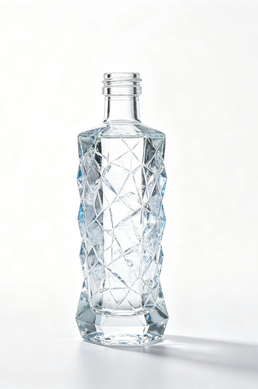 200ml ice crack crystal empty rum glass bottle with threaded neck, high white flint clear glass, no cap, commercial studio photo on pure white background