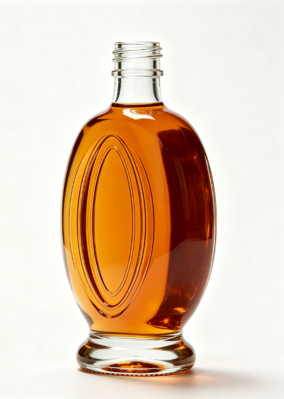 200ml Crescent Oval Empty Rum Glass Bottle With Threaded Neck, high white flint clear glass, no cap, commercial studio shot on pure white background