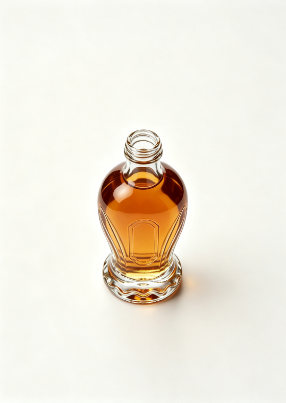 200ml Shell Curved Empty Rum Glass Bottle With Threaded Neck, high white flint clear glass, no cap, commercial studio shot on pure white background