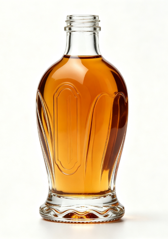200ml Shell Curved Empty Rum Glass Bottle With Threaded Neck, high white flint clear glass, no cap, commercial studio shot on pure white background
