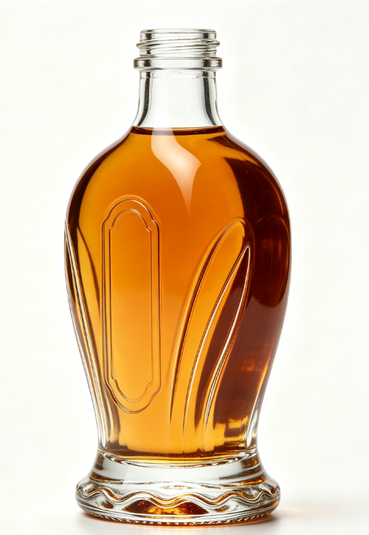 200ml Shell Curved Empty Rum Glass Bottle With Threaded Neck, high white flint clear glass, no cap, commercial studio shot on pure white background