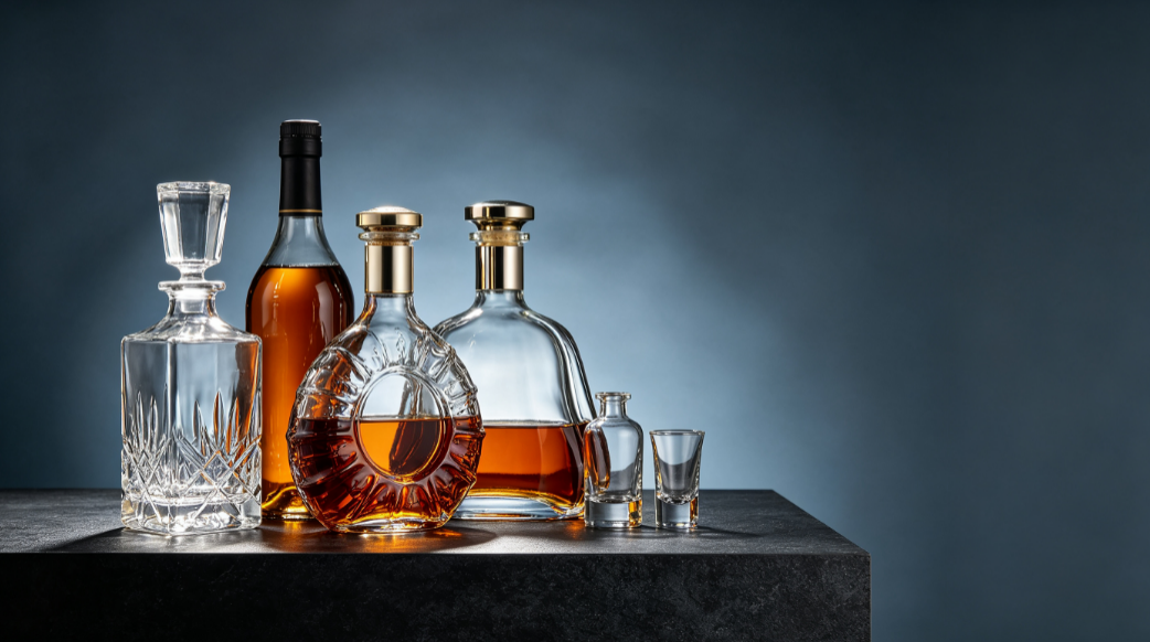 Premium spirits glass bottles for whisky, brandy, rum and craft distilled spirits on dark editorial background