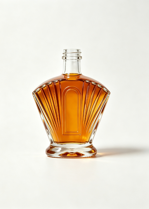 200ml Folding Fan Shaped Empty Rum Glass Bottle With Threaded Neck, high white flint glass, semi‑fan shoulder, vertical radiant facets, arched‑window concave label panel, wavy round thick base for premium rum liquor packaging.