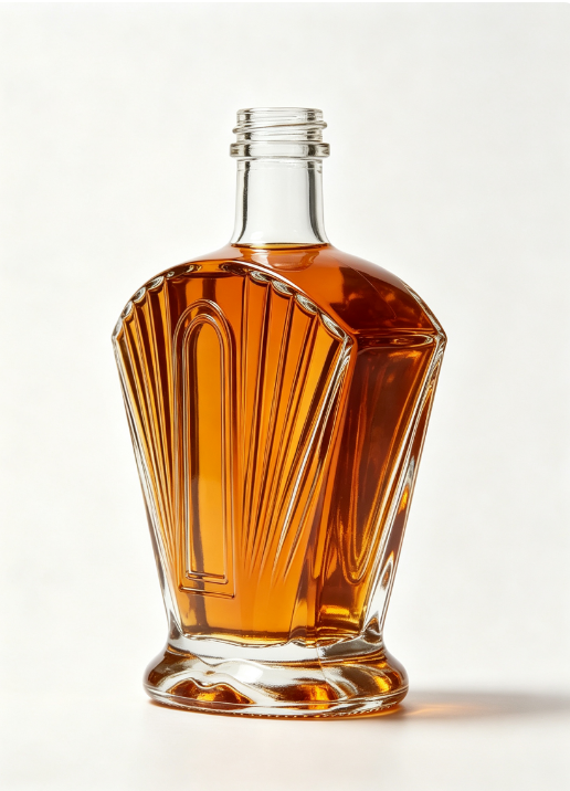 200ml Folding Fan Shaped Empty Rum Glass Bottle With Threaded Neck, high white flint glass, semi‑fan shoulder, vertical radiant facets, arched‑window concave label panel, wavy round thick base for premium rum liquor packaging.