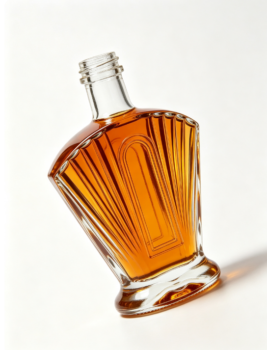 200ml Folding Fan Shaped Empty Rum Glass Bottle With Threaded Neck, high white flint glass, semi‑fan shoulder, vertical radiant facets, arched‑window concave label panel, wavy round thick base for premium rum liquor packaging.
