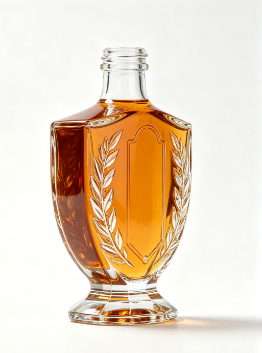 200ml Laurel Wreath Shield Empty Rum Glass Bottle With Threaded Neck, high white flint clear glass, no cap, commercial studio shot on pure white background
