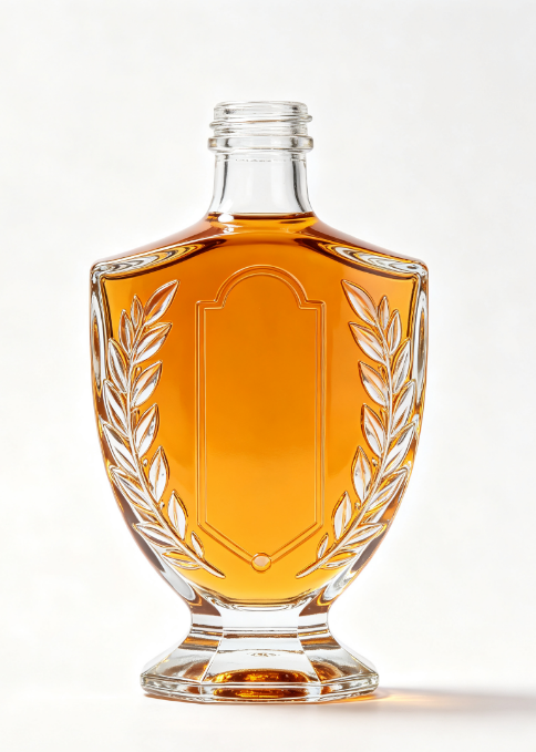 200ml Laurel Wreath Shield Empty Rum Glass Bottle With Threaded Neck, high white flint clear glass, no cap, commercial studio shot on pure white background