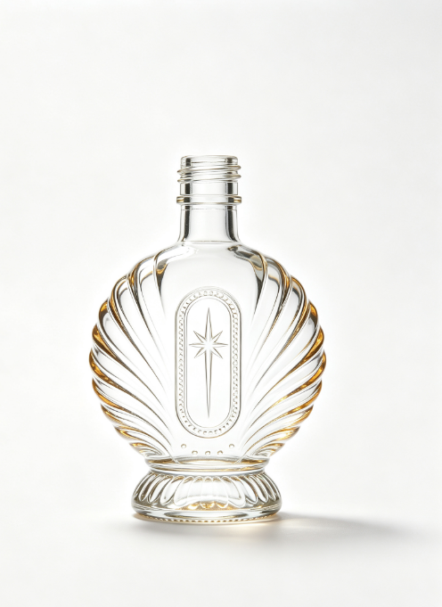 200ml Starburst Conch Shell Empty Rum Glass Bottle With Threaded Neck, high white flint clear glass, no cap, commercial studio shot on pure white background