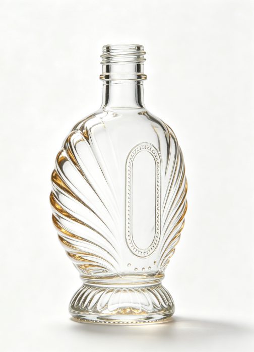 200ml Starburst Conch Shell Empty Rum Glass Bottle With Threaded Neck, high white flint clear glass, no cap, commercial studio shot on pure white background