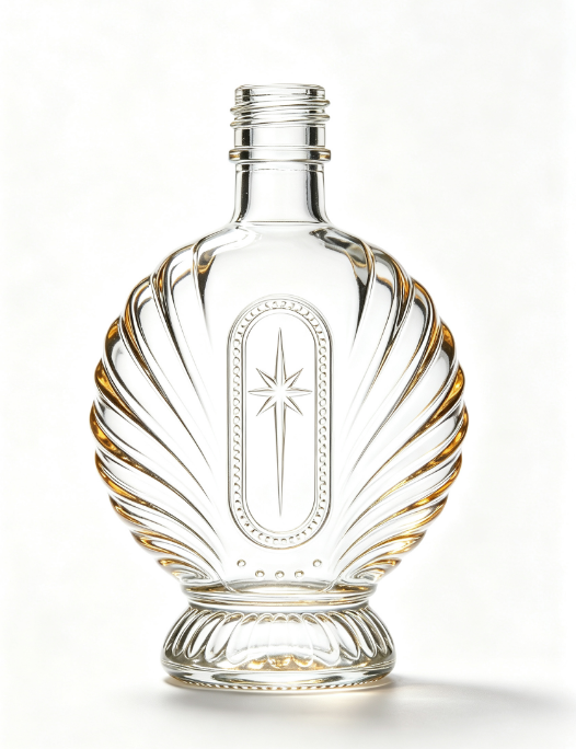200ml Starburst Conch Shell Empty Rum Glass Bottle With Threaded Neck, high white flint clear glass, no cap, commercial studio shot on pure white background