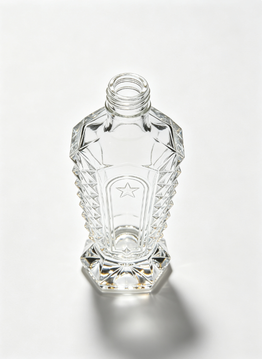 200ml Diamond Crystal Armor Empty Rum Glass Bottle With Threaded Neck, high white flint clear glass, no cap, commercial studio shot on pure white background