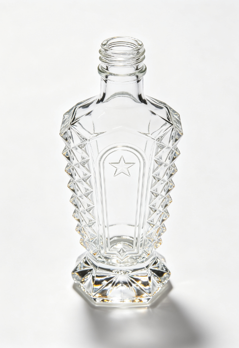 200ml Diamond Crystal Armor Empty Rum Glass Bottle With Threaded Neck, high white flint clear glass, no cap, commercial studio shot on pure white background