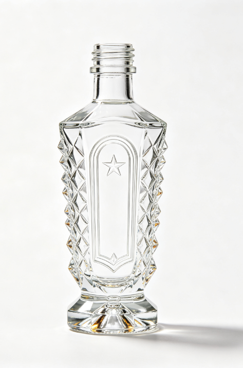 200ml Diamond Crystal Armor Empty Rum Glass Bottle With Threaded Neck, high white flint clear glass, no cap, commercial studio shot on pure white background