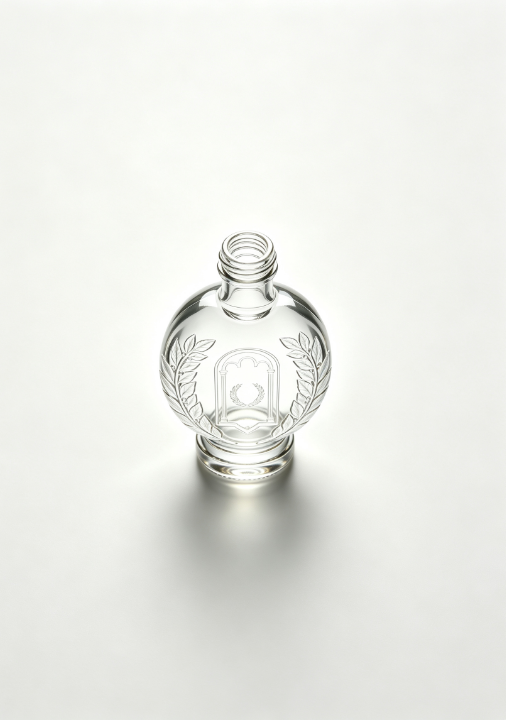 200ml Laurel Wreath Cathedral Empty Rum Glass Bottle With Threaded Neck, high white flint clear glass, no cap, commercial studio shot on pure white background