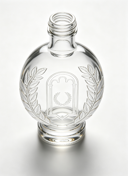 200ml Laurel Wreath Cathedral Empty Rum Glass Bottle With Threaded Neck, high white flint clear glass, no cap, commercial studio shot on pure white background