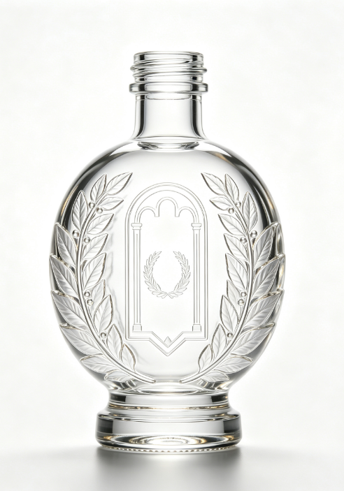 200ml Laurel Wreath Cathedral Empty Rum Glass Bottle With Threaded Neck, high white flint clear glass, no cap, commercial studio shot on pure white background