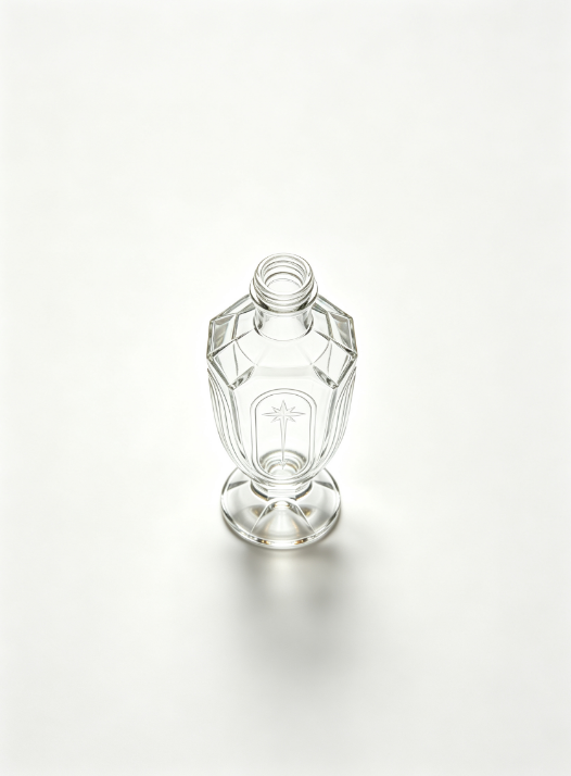 200ml Star‑Compass Goblet Empty Rum Glass Bottle With Threaded Neck, high white flint clear glass, no cap, commercial studio shot on pure white background