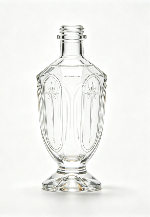 200ml Star‑Compass Goblet Empty Rum Glass Bottle With Threaded Neck, high white flint clear glass, no cap, commercial studio shot on pure white background