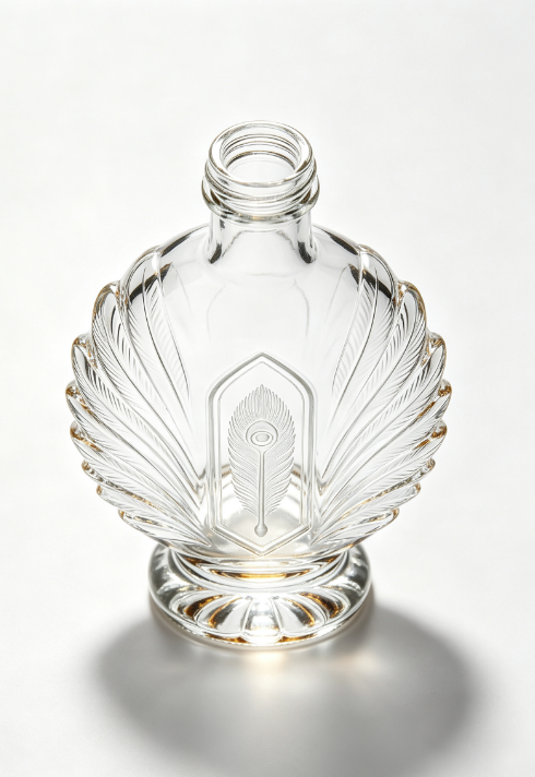 200ml Peacock Feather Empty Brandy Glass Bottle With Threaded Neck, high white flint glass, no cap, commercial studio shot on pure white background