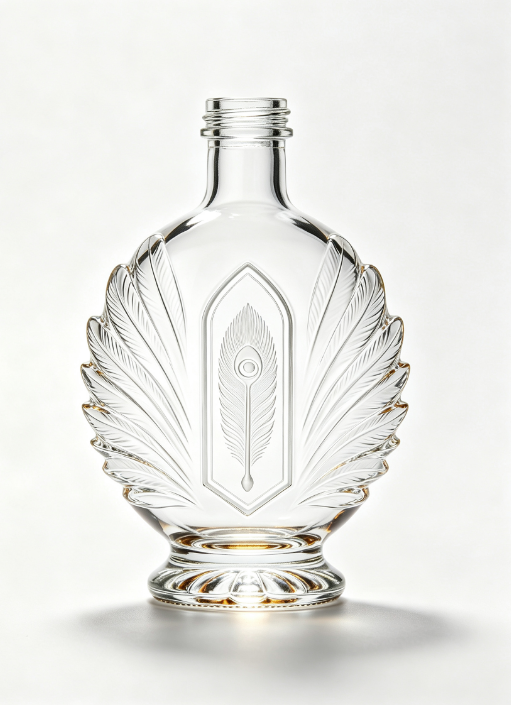 200ml Peacock Feather Empty Brandy Glass Bottle With Threaded Neck, high white flint glass, no cap, commercial studio shot on pure white background