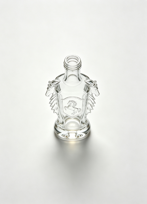 200ml Horse‑Head Emblem Empty Brandy Glass Bottle With Threaded Neck, high white flint clear glass, no cap, commercial studio shot on pure white background