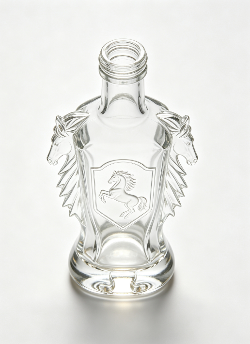 200ml Horse‑Head Emblem Empty Brandy Glass Bottle With Threaded Neck, high white flint clear glass, no cap, commercial studio shot on pure white background