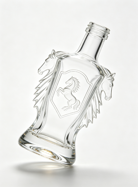 200ml Horse‑Head Emblem Empty Brandy Glass Bottle With Threaded Neck, high white flint clear glass, no cap, commercial studio shot on pure white background