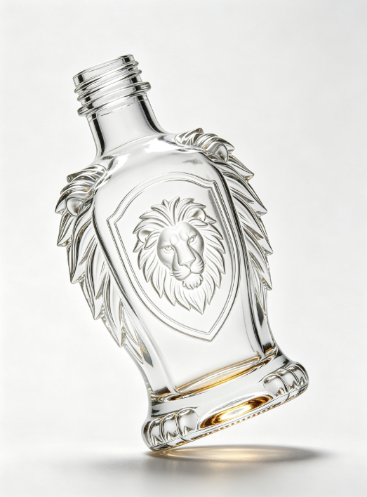 200ml Lion Emblem Empty Brandy Glass Bottle With Threaded Neck, high white flint clear glass, no cap, commercial studio shot on pure white background