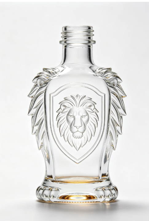 200ml Lion Emblem Empty Brandy Glass Bottle With Threaded Neck, high white flint clear glass, no cap, commercial studio shot on pure white background