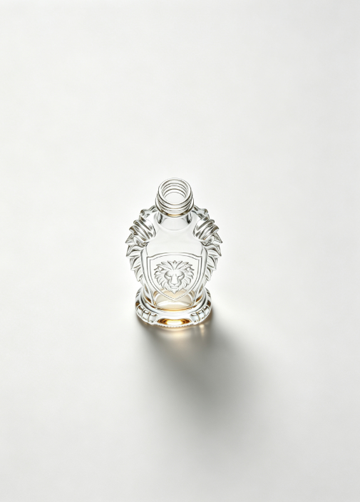 200ml Lion Emblem Empty Brandy Glass Bottle With Threaded Neck, high white flint clear glass, no cap, commercial studio shot on pure white background