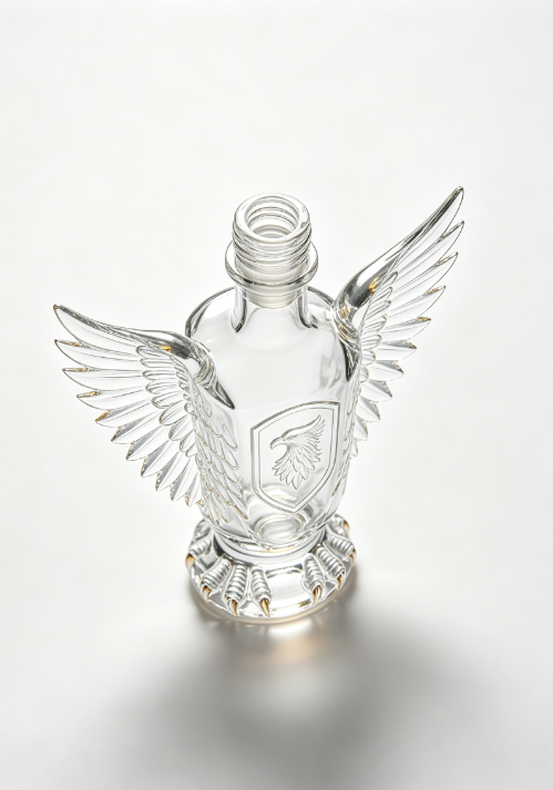 200ml Eagle Emblem Empty Brandy Glass Bottle With Threaded Neck, high white flint clear glass, no cap, commercial studio shot on pure white background