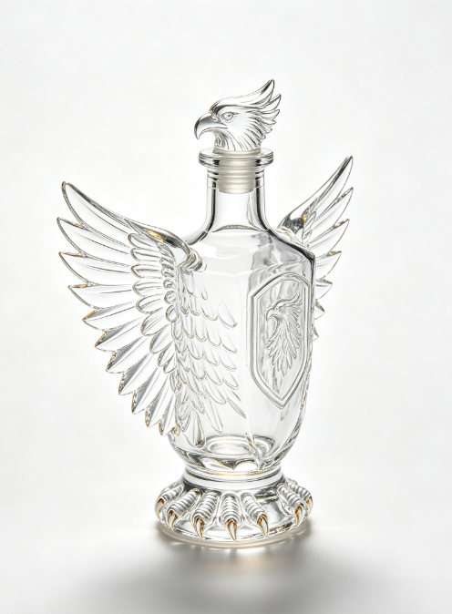 200ml Eagle Emblem Empty Brandy Glass Bottle With Threaded Neck, high white flint clear glass, no cap, commercial studio shot on pure white background