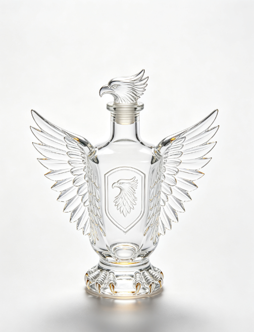 200ml Eagle Emblem Empty Brandy Glass Bottle With Threaded Neck, high white flint clear glass, no cap, commercial studio shot on pure white background